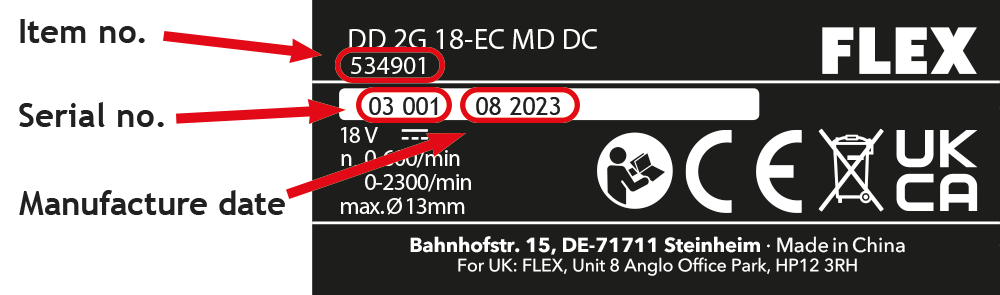 Image showing the position of the item number, serial number, and manufacture date on the machine's nameplate.”