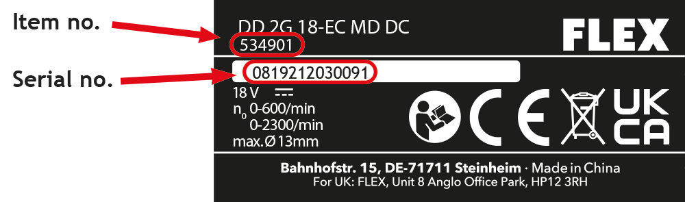 Image showing the position of the item number and the 13 digit serial number on the machine's nameplate.”